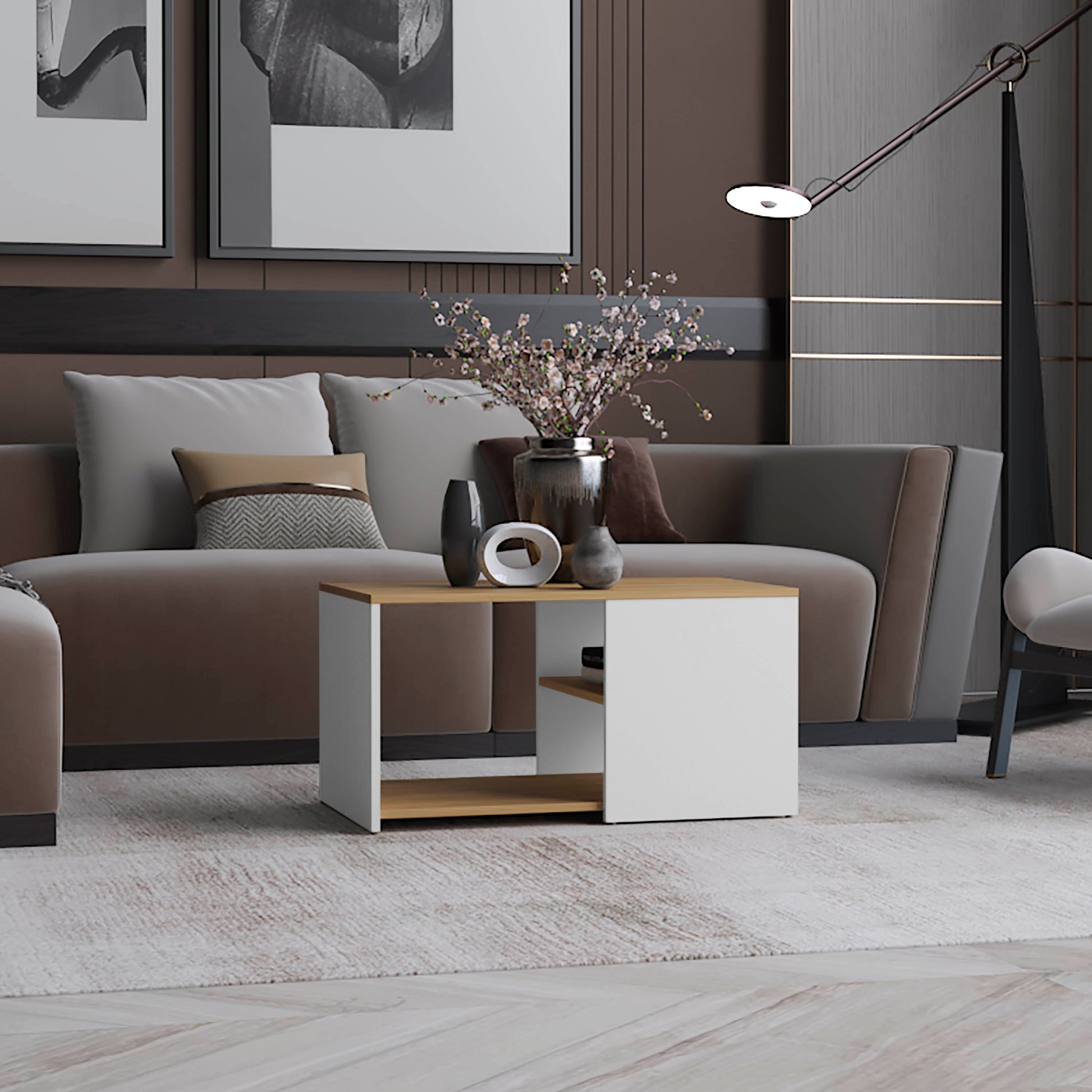 Modern white and wood accent table with open shelf perfect for living room storage
