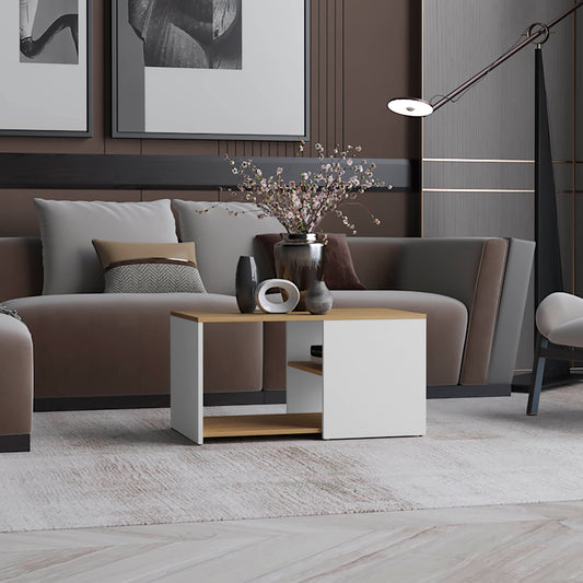 Modern white and wood accent table with open shelf perfect for living room storage