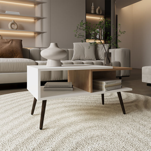 White and wood modern coffee table with tiered shelves and dark tapered legs