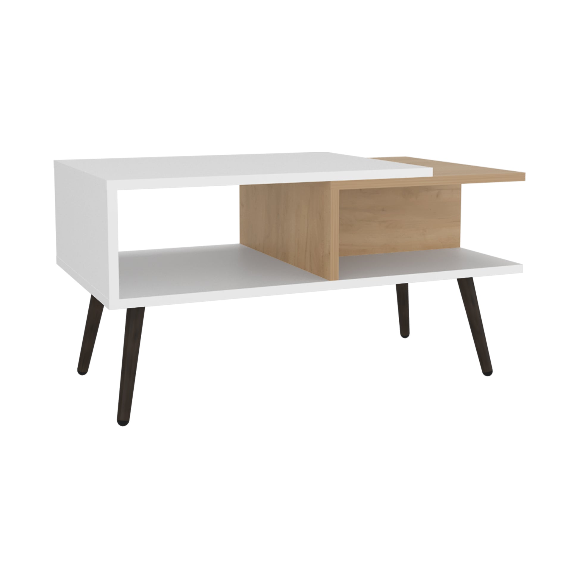 Modern white coffee table with wood accent and tapered legs