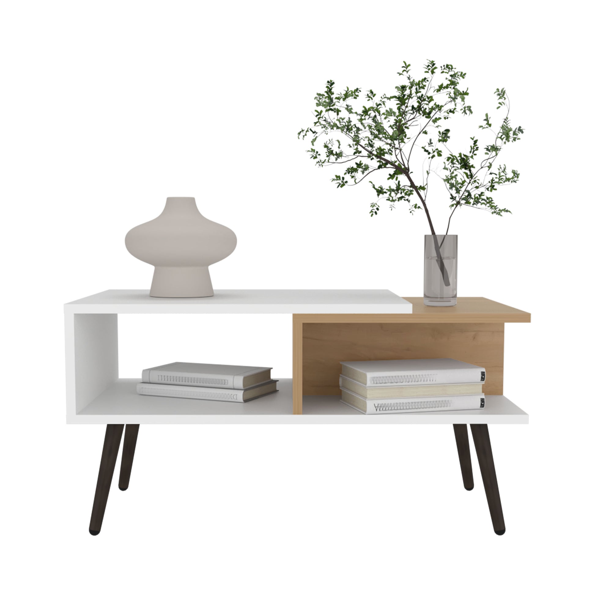Modern white and wood coffee table with decorative vase and books