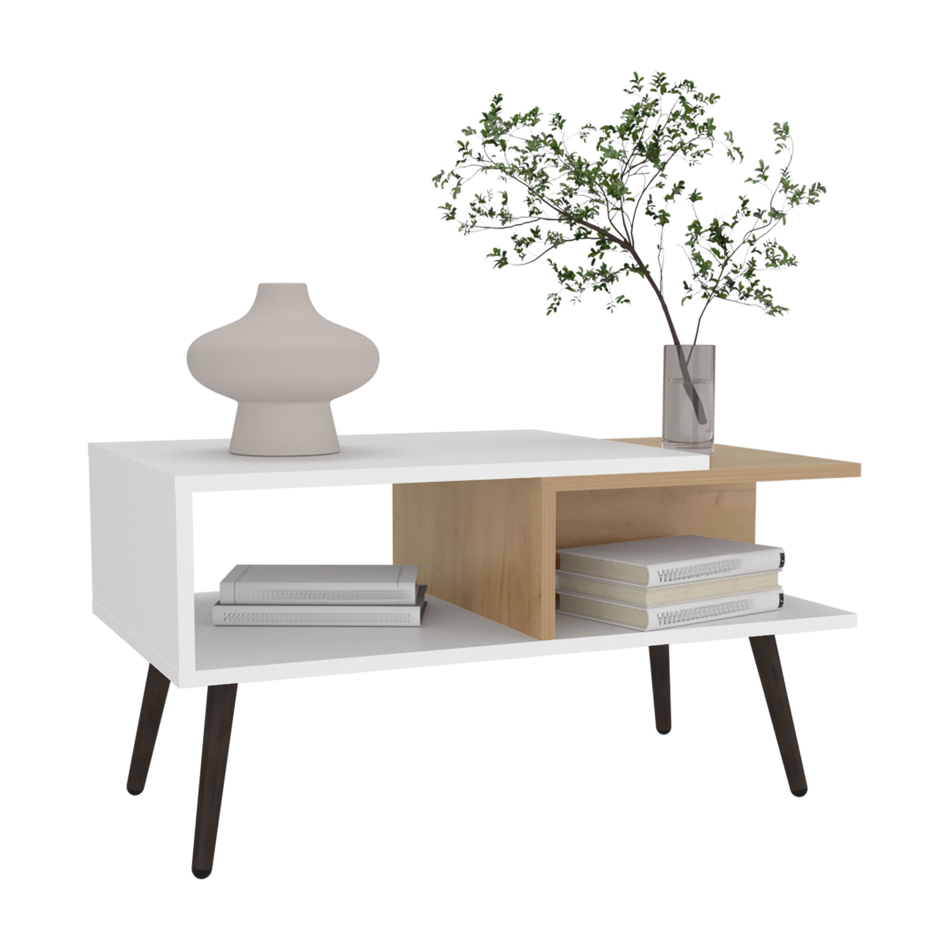 Modern white and wood accent table with stacked books and vase