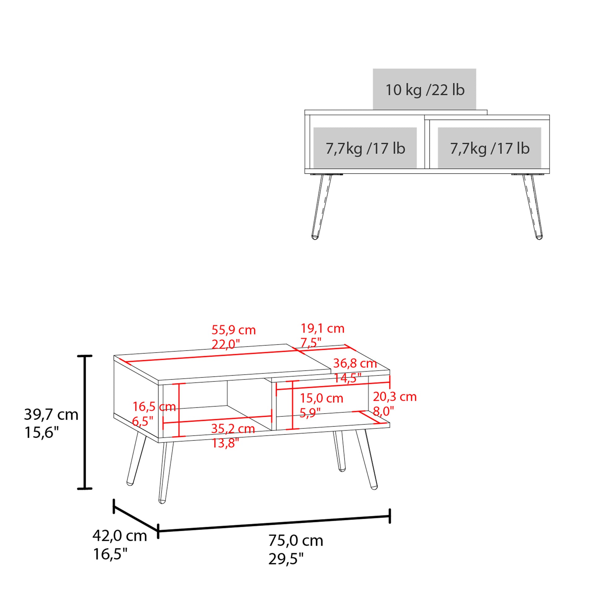 Line drawing of a modern tv stand with dimensions