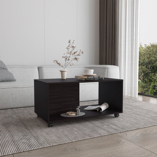 Dark wood mobile coffee table with open shelving and a drawer modern living room accent