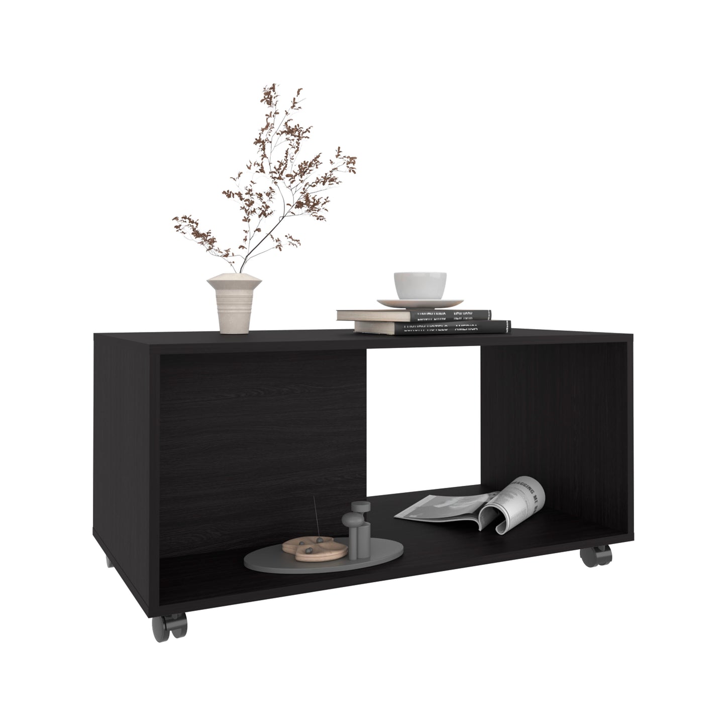 Black wood grain mobile coffee table with open shelf and decor