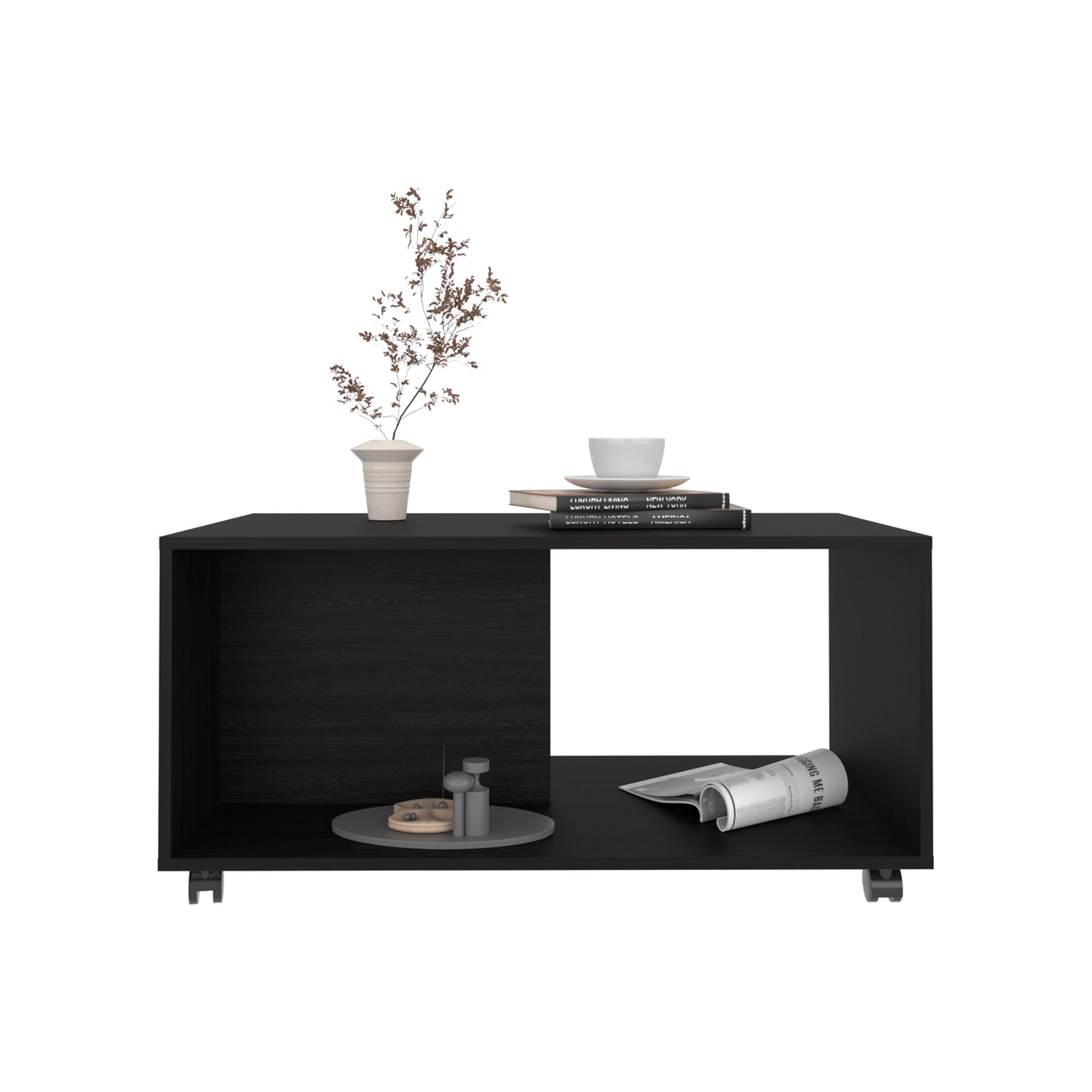 Modern black wood coffee table with open storage shelf and decorative items