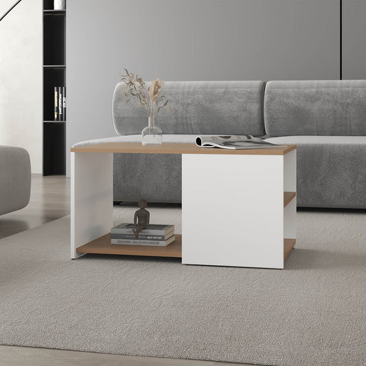 Modern coffee table with a white base and light wood top perfect for living rooms