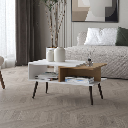Modern white and wood coffee table with dual shelves and angled legs for living room storage