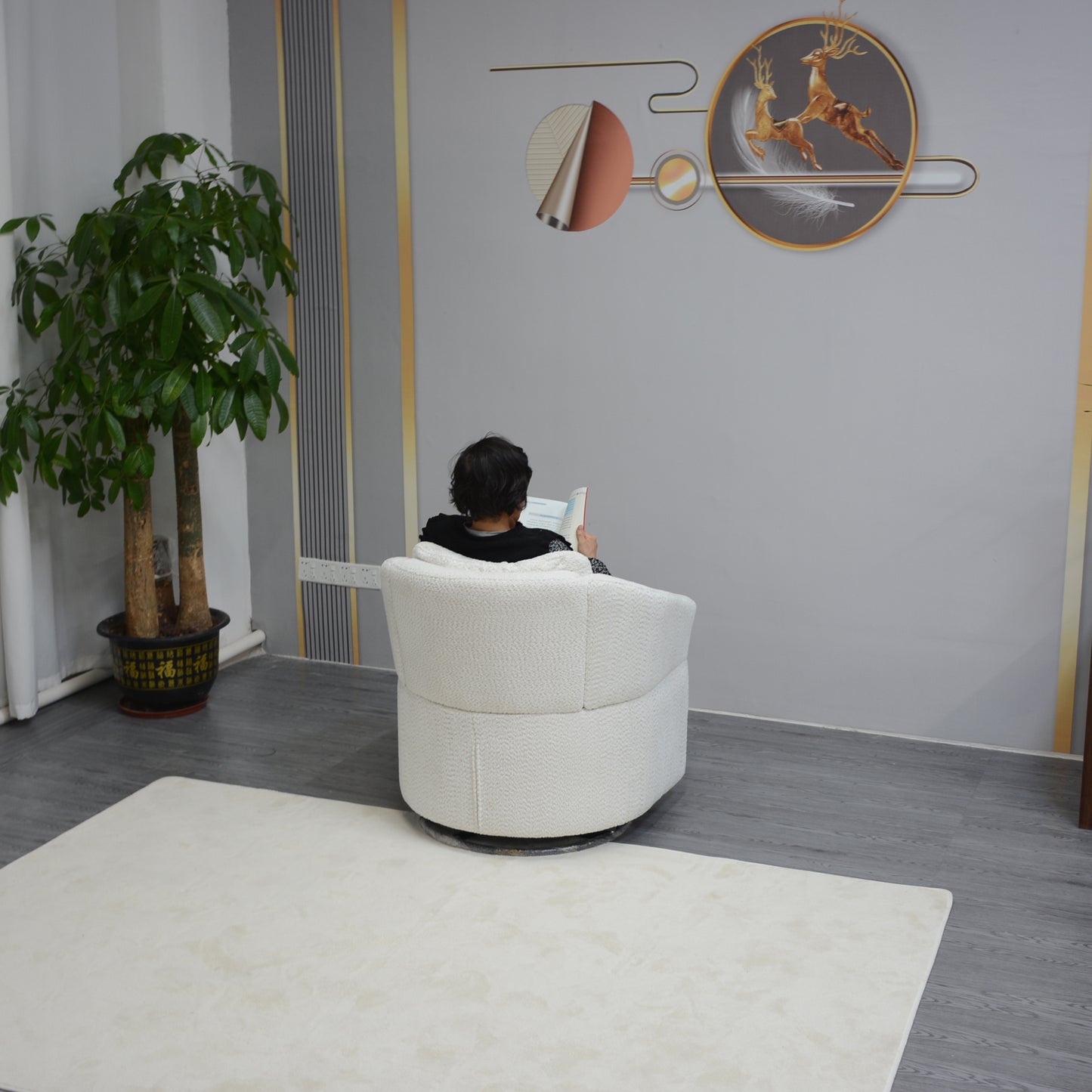 Plush textured white swivel barrel chair for cozy living room seating