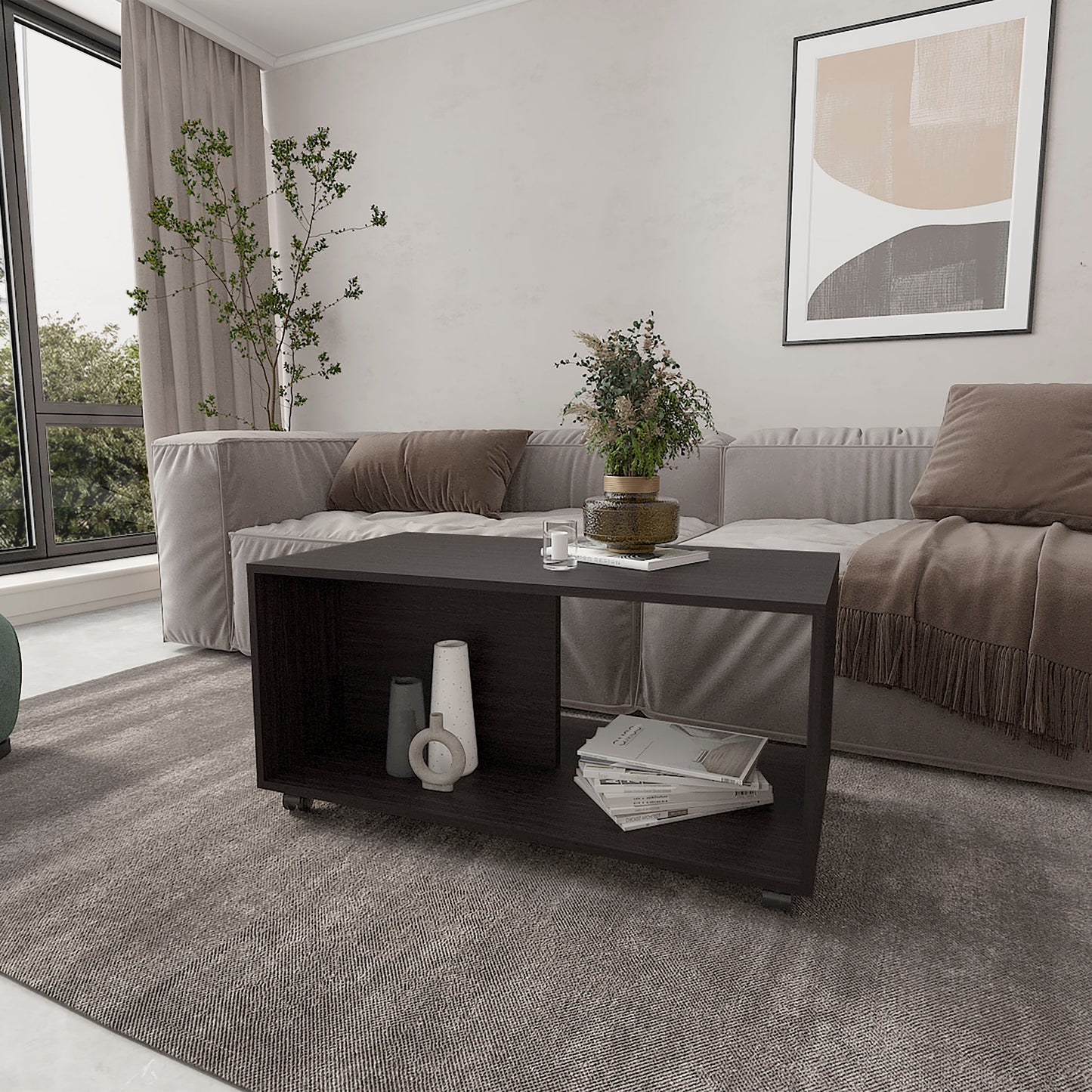 Dark wood rolling coffee table with open shelving and decorative vases