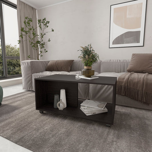 Dark wood rolling coffee table with open shelving and decorative vases