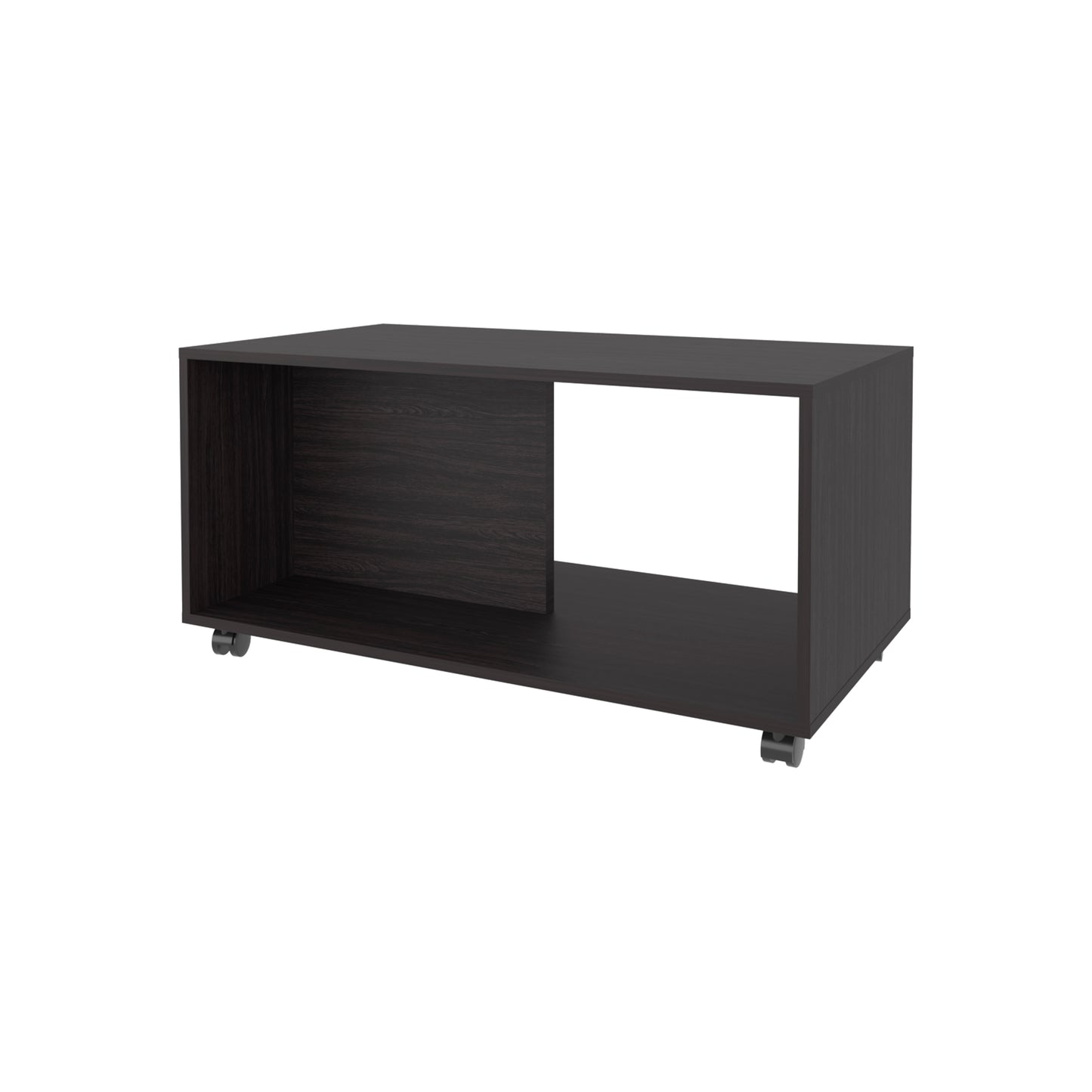 Dark wood media console with open shelving and caster wheels