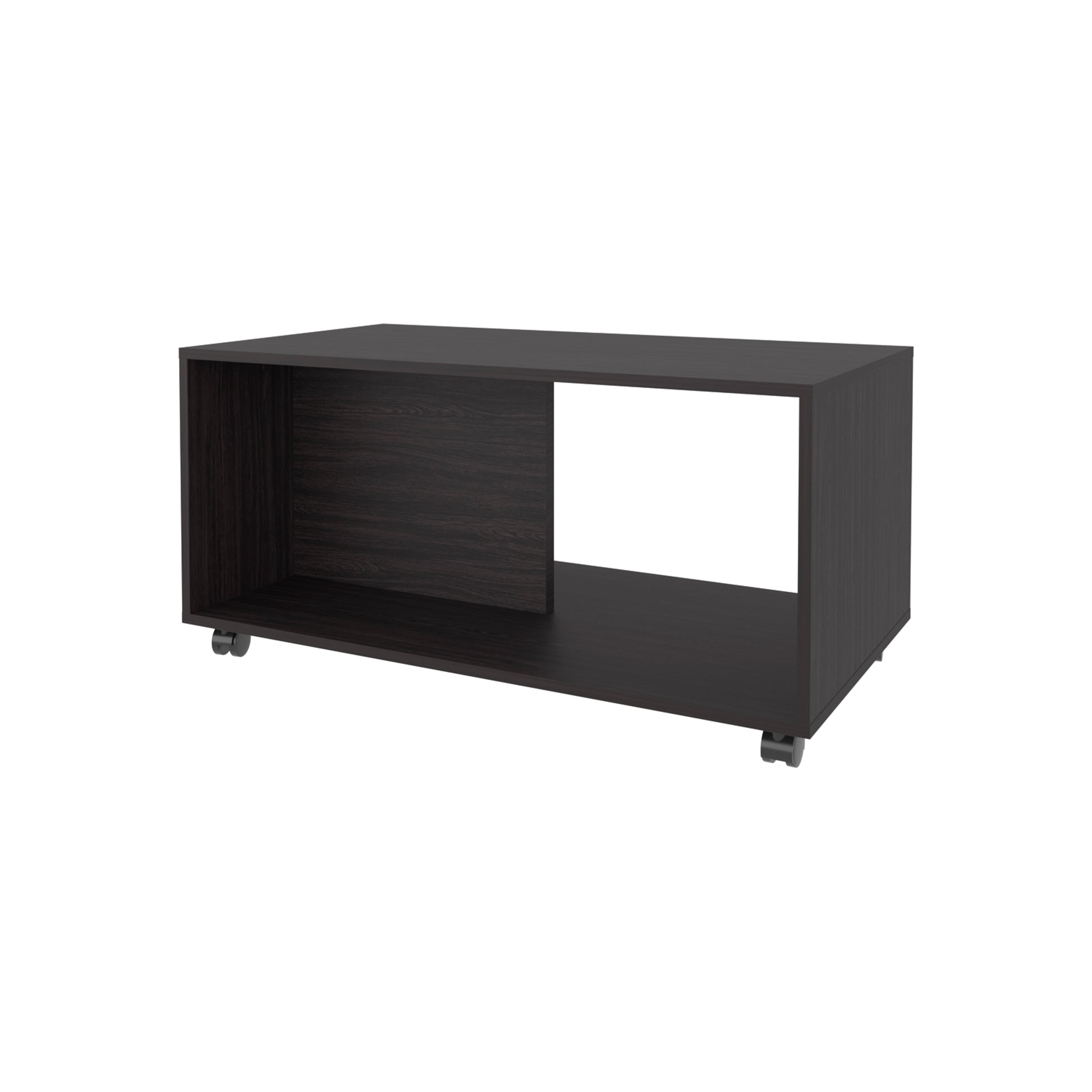 Dark wood media console with open shelving and caster wheels