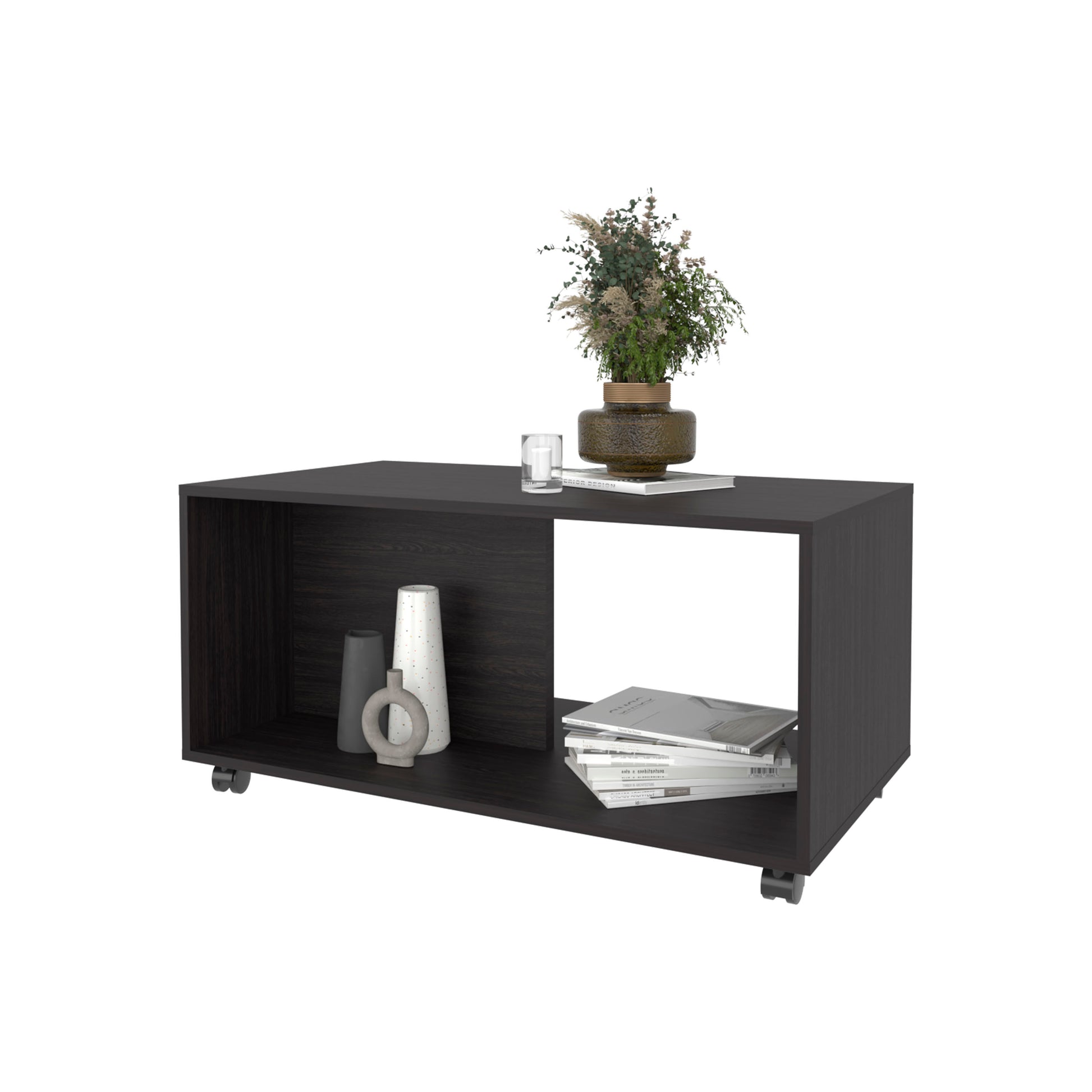Dark wood media console with caster wheels and open shelving