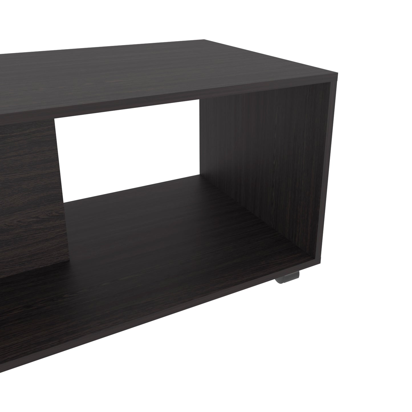 Dark oak modern media console with open shelving and a sleek design for living rooms