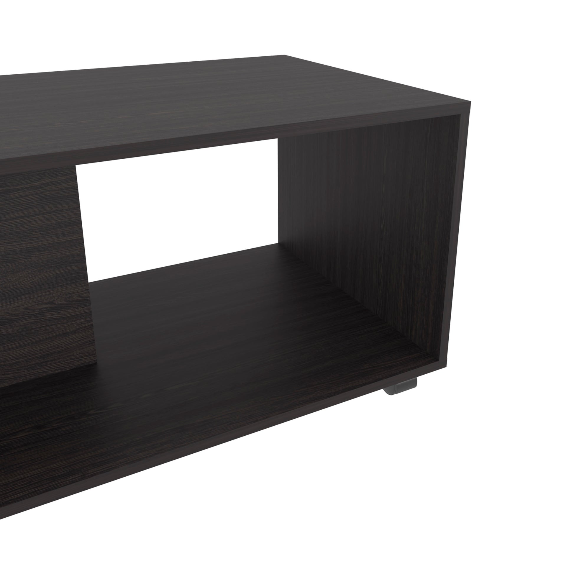 Dark oak modern media console with open shelving and a sleek design for living rooms
