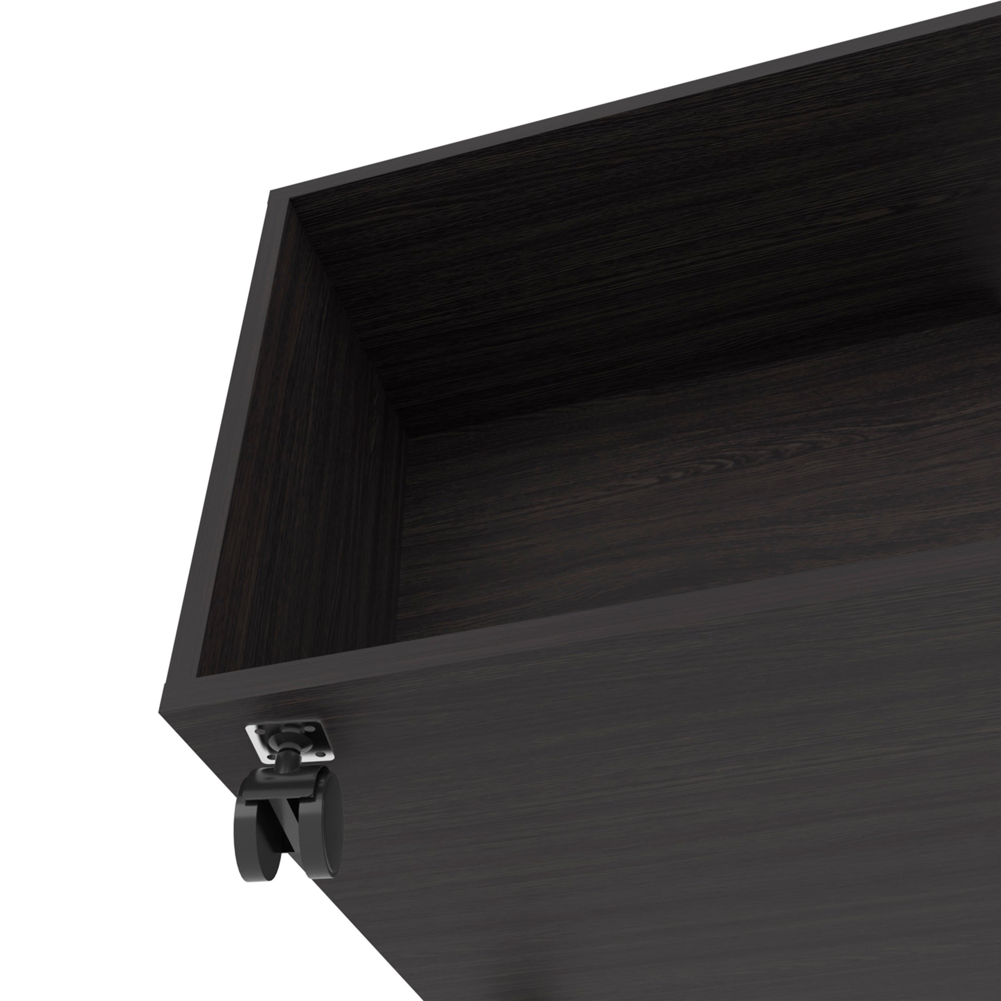 Dark wood drawer with rolling casters perfect for storage organization