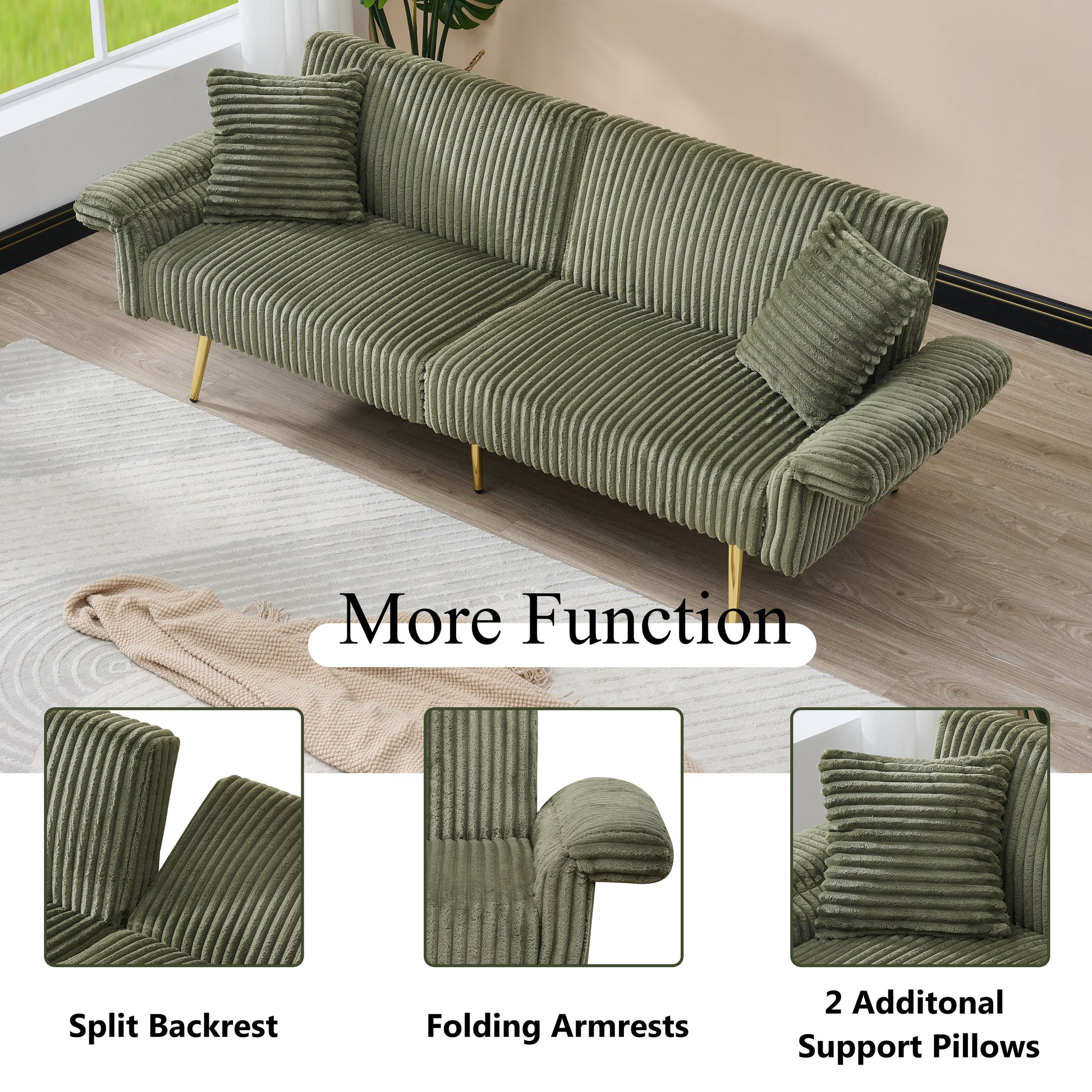 Sage green corduroy sofa with plush texture and gold legs
