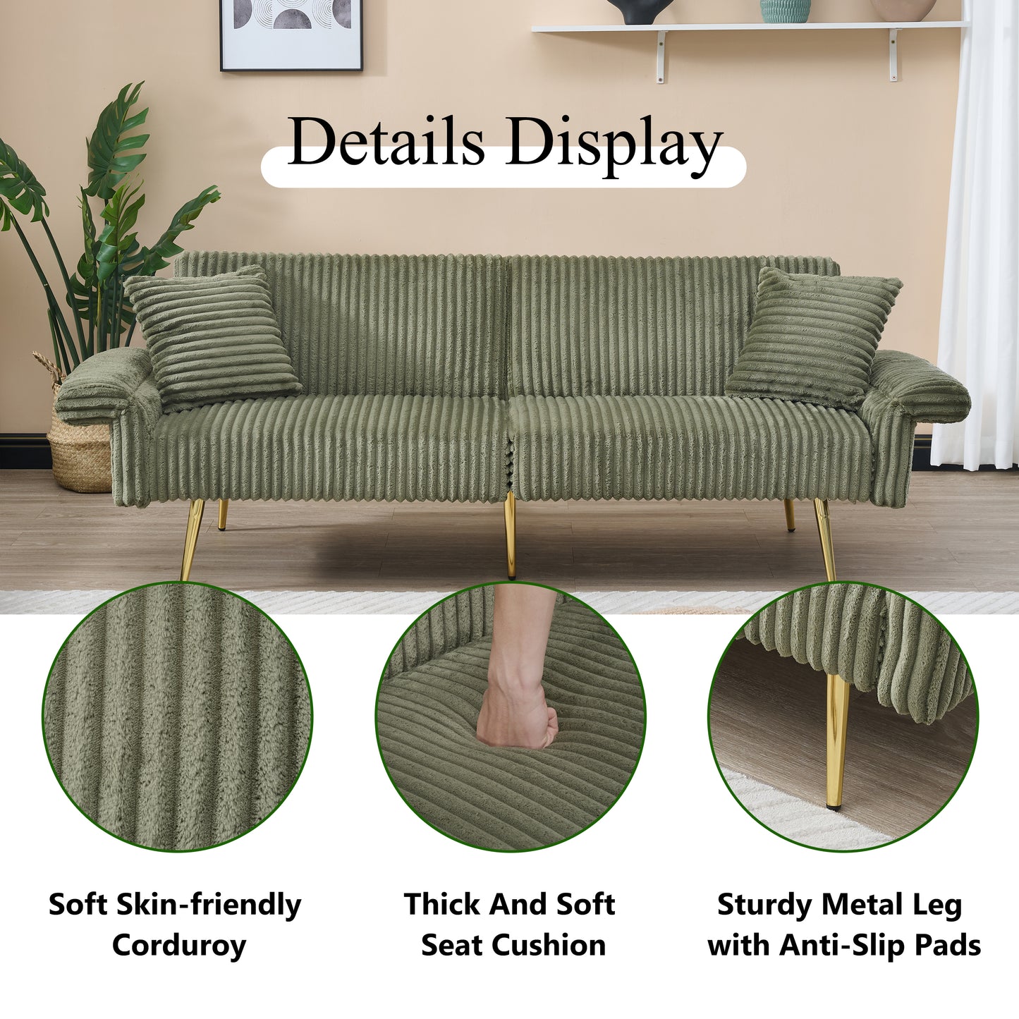 Sage green corduroy sofa with plush cushions and gold metal legs