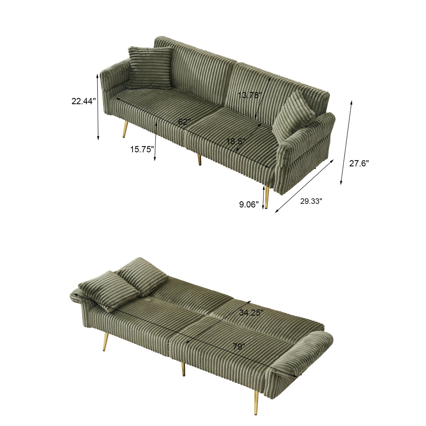 Olive green corduroy sofa bed with plush cushions and gold legs