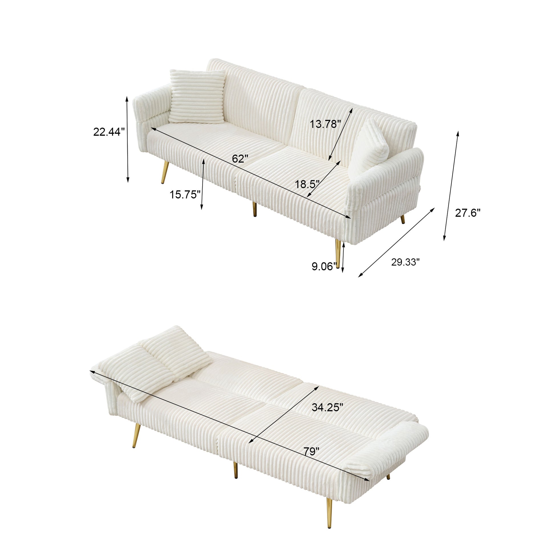 Offwhite corduroy sofa with gold legs showcasing tufted back and seat dimensions