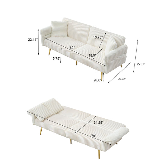 Offwhite corduroy sofa with gold legs showcasing tufted back and seat dimensions