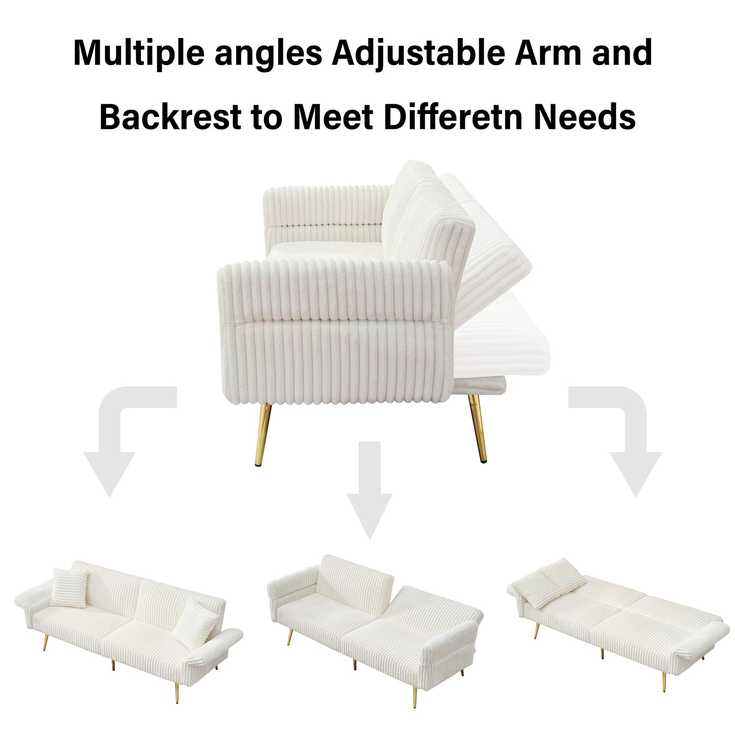 Cream corduroy sofa with gold legs and adjustable backrest for versatile seating