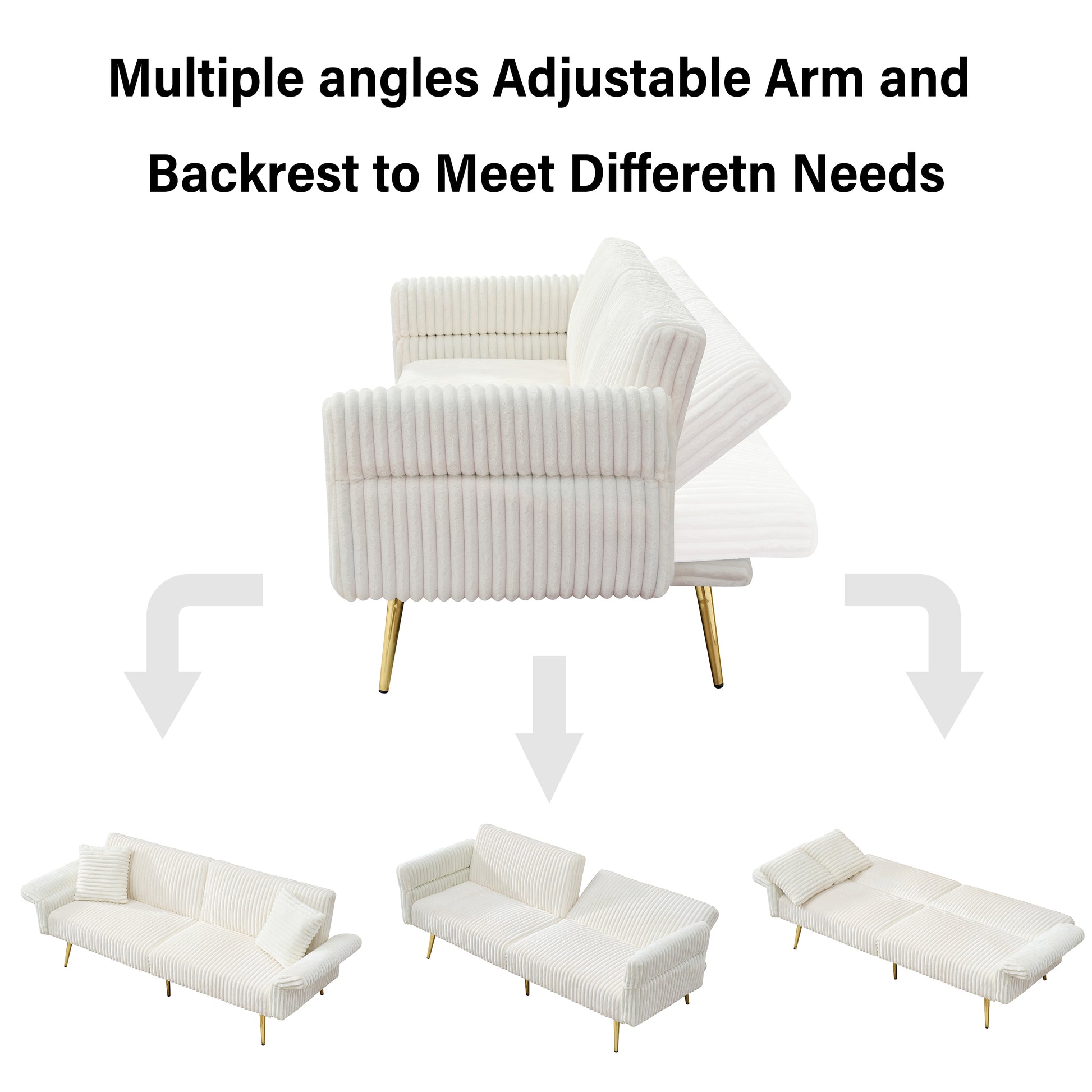 Cream corduroy sofa with gold legs and adjustable backrest for versatile seating