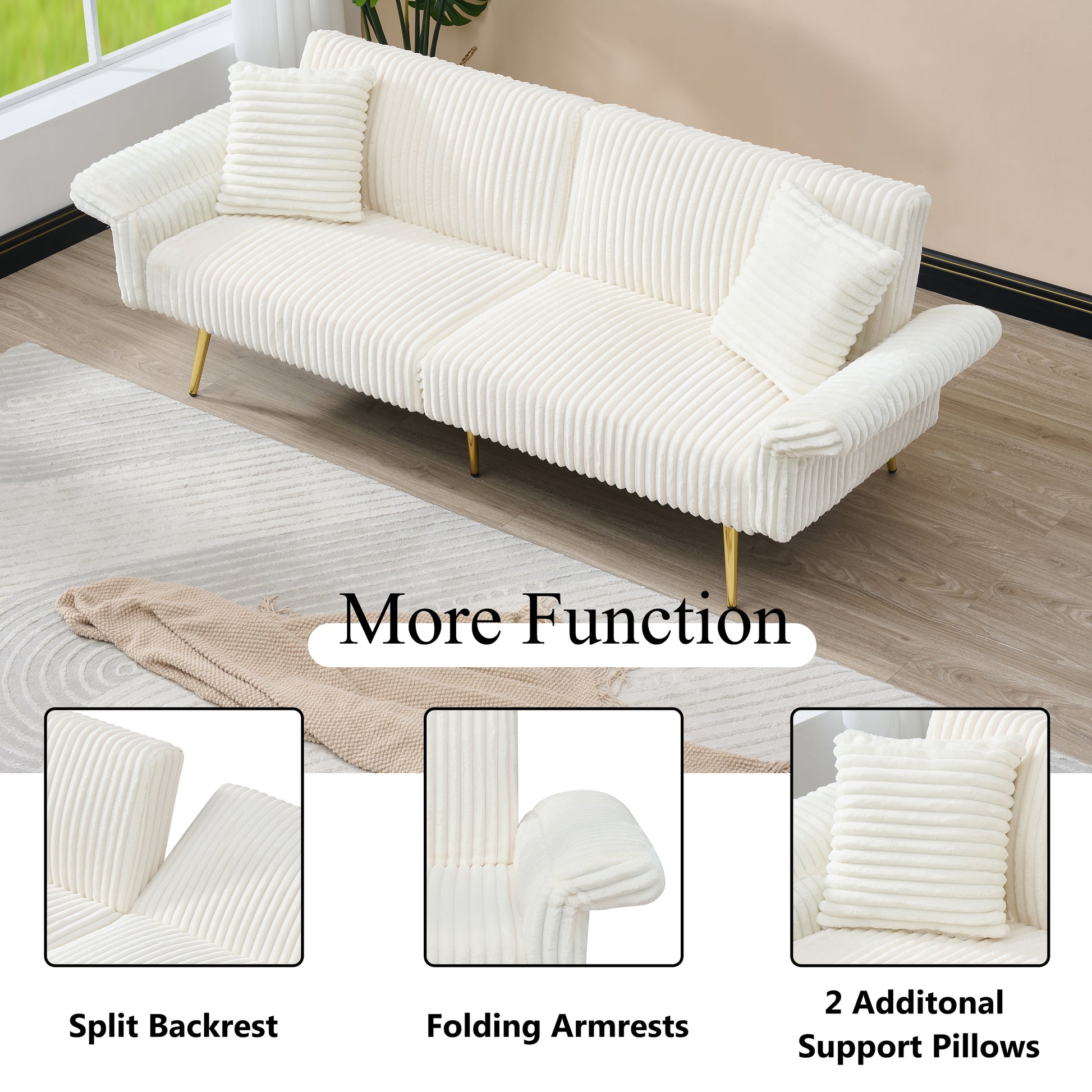 Offwhite corduroy sofa with gold legs features a split backrest for modern living