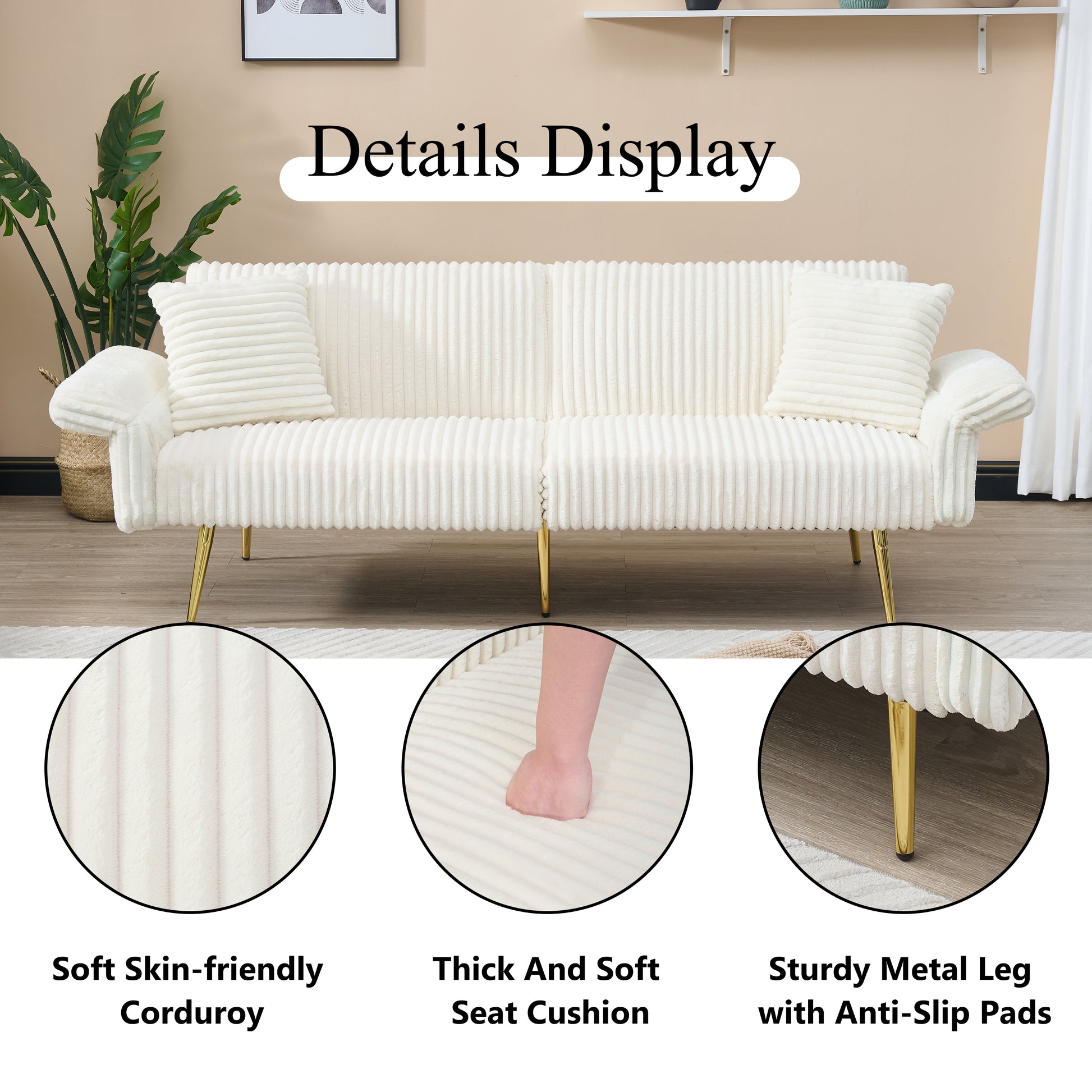 White corduroy sofa with plush cushions and gold legs ideal for modern living rooms