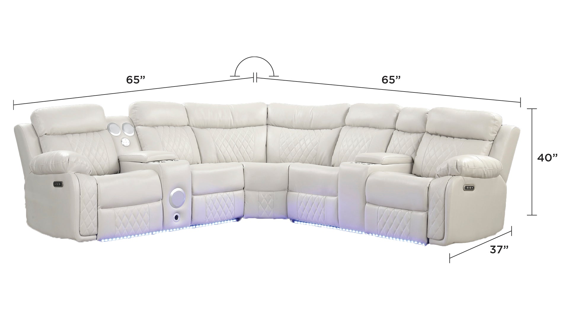 Luxury cream sectional sofa with diamond stitching cup holders and LED lighting