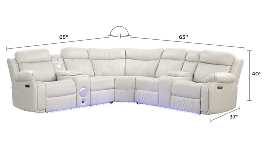 Luxury cream sectional sofa with diamond stitching cup holders and LED lighting