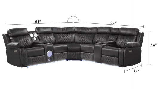 Black leather sectional sofa with builtin cup holders and LED lighting