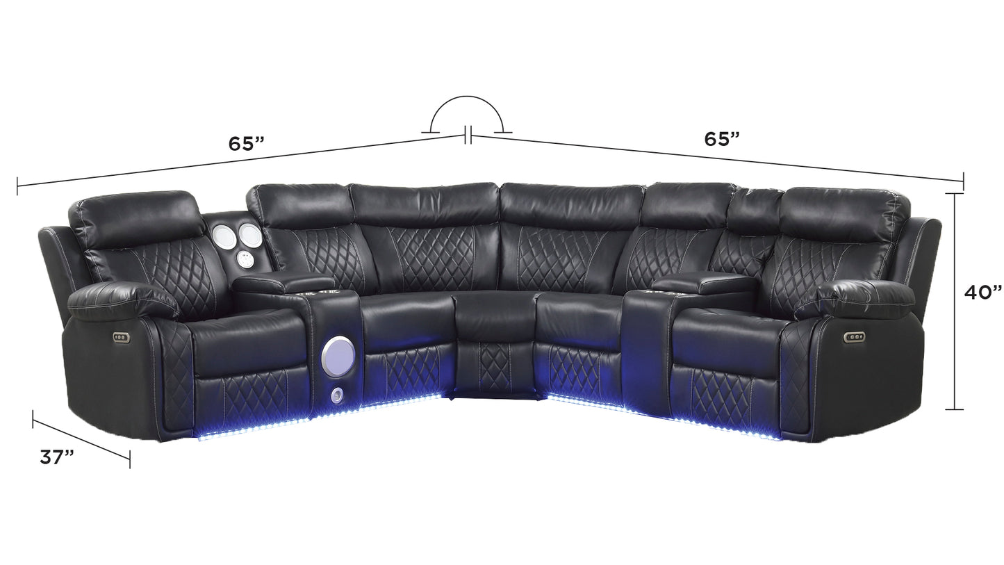 Black bonded leather sectional sofa with diamond stitching and builtin cup holders