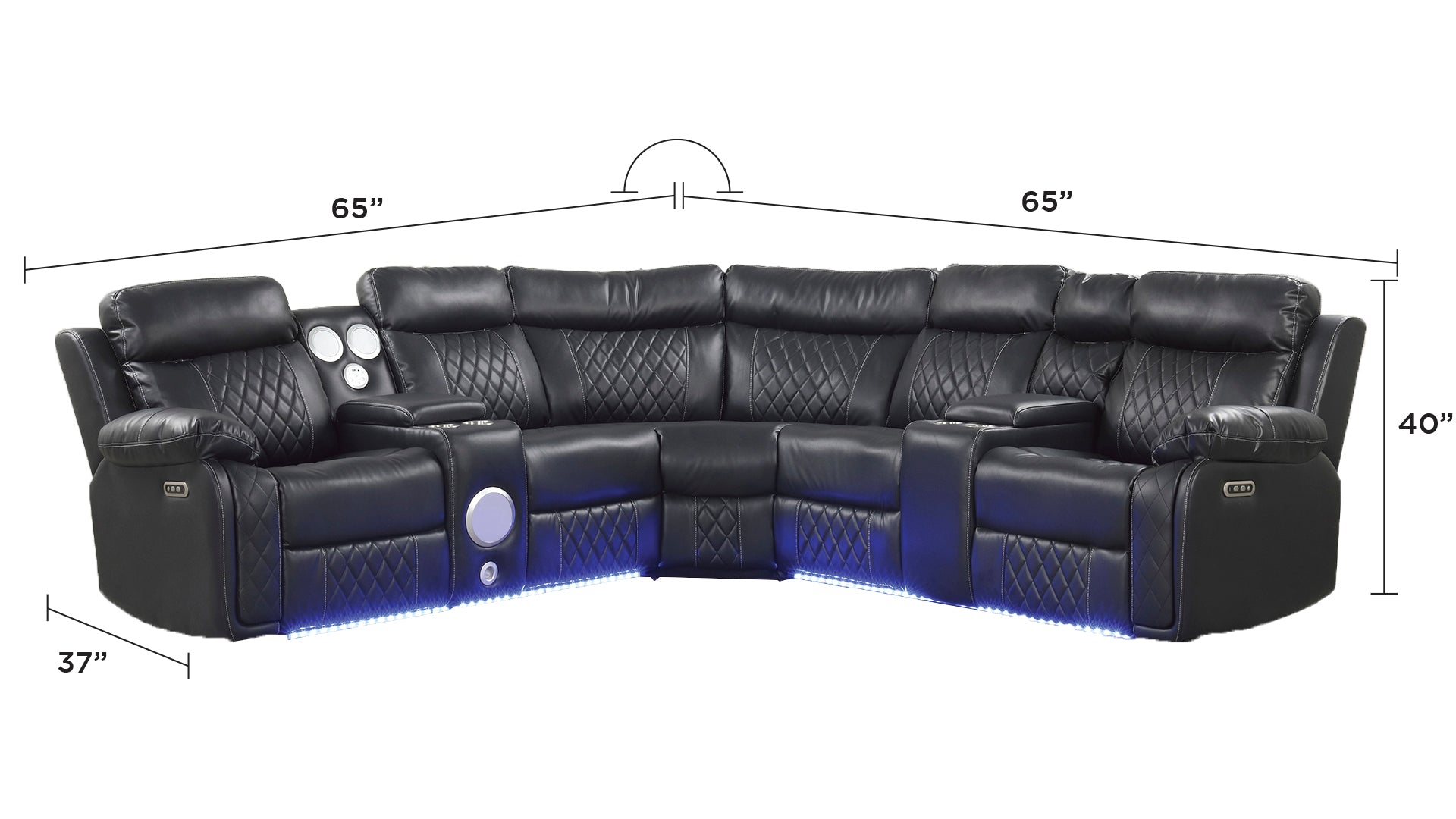 Black bonded leather sectional sofa with diamond stitching and builtin cup holders