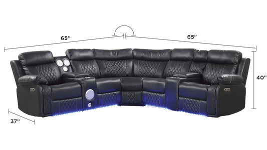 Black bonded leather sectional sofa with diamond stitching and builtin cup holders