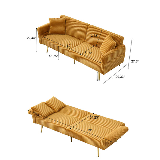 Yellow corduroy sofa with two throw pillows and gold legs shown in sofa and bed form