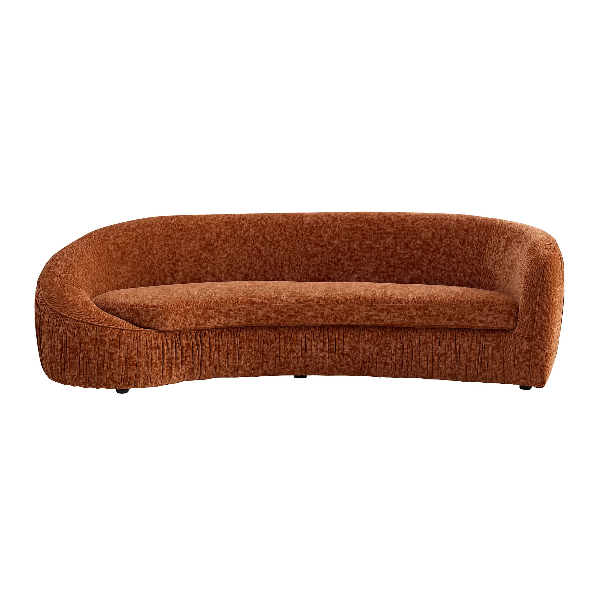 Curved terracotta velvet sofa with pleated skirt and rounded arms
