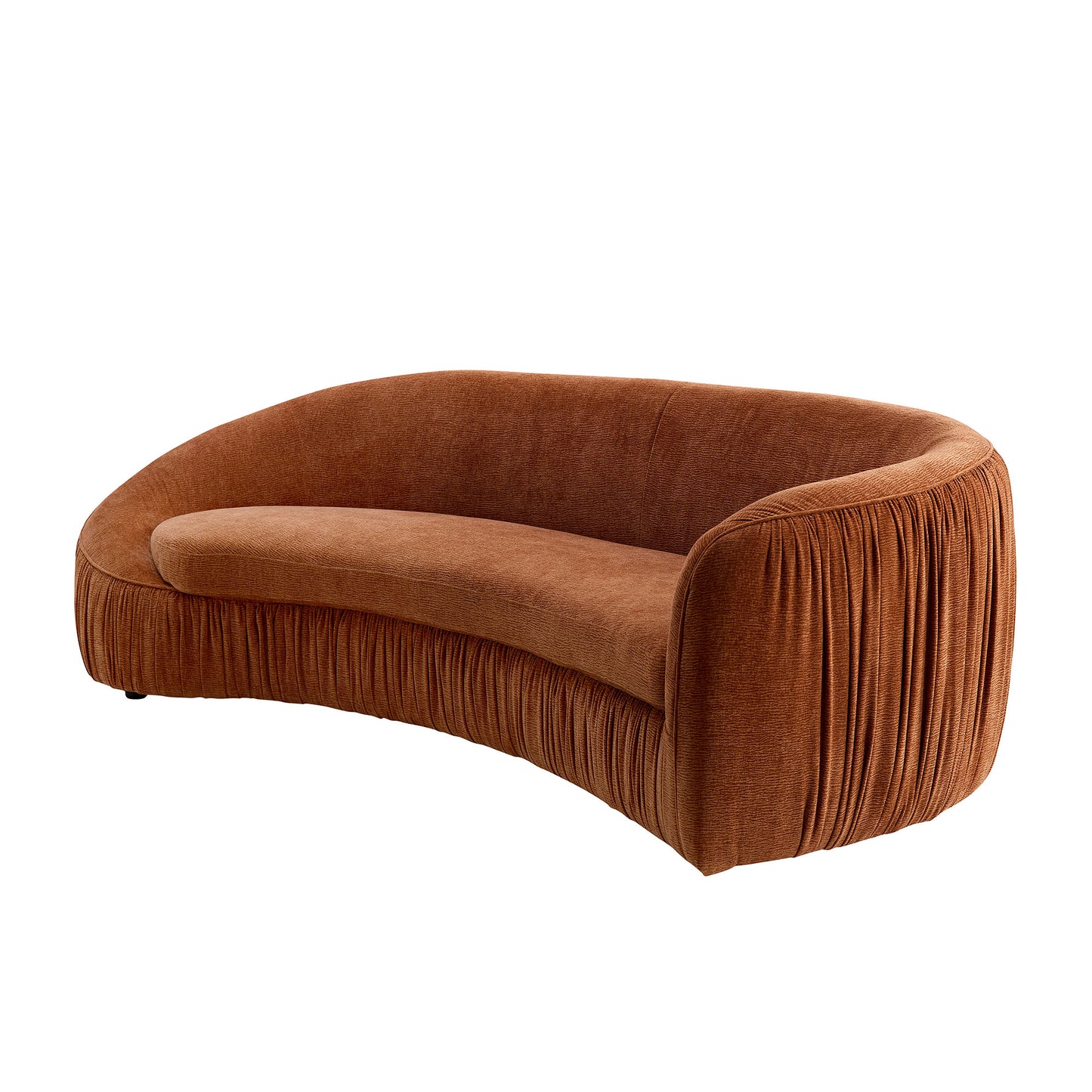 Plush burnt orange velvet curved sofa with pleated side detail perfect for a modern living room