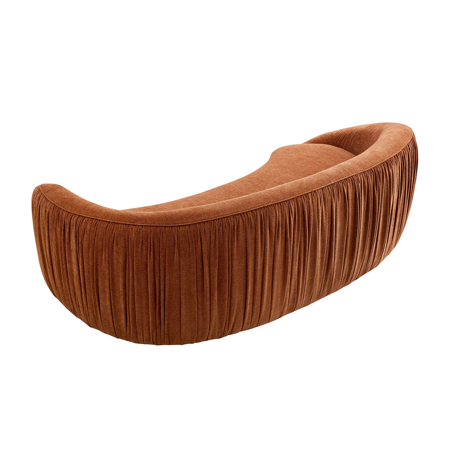 Curvy ochre velvet sofa with elegant pleated detailing perfect for a statement living room