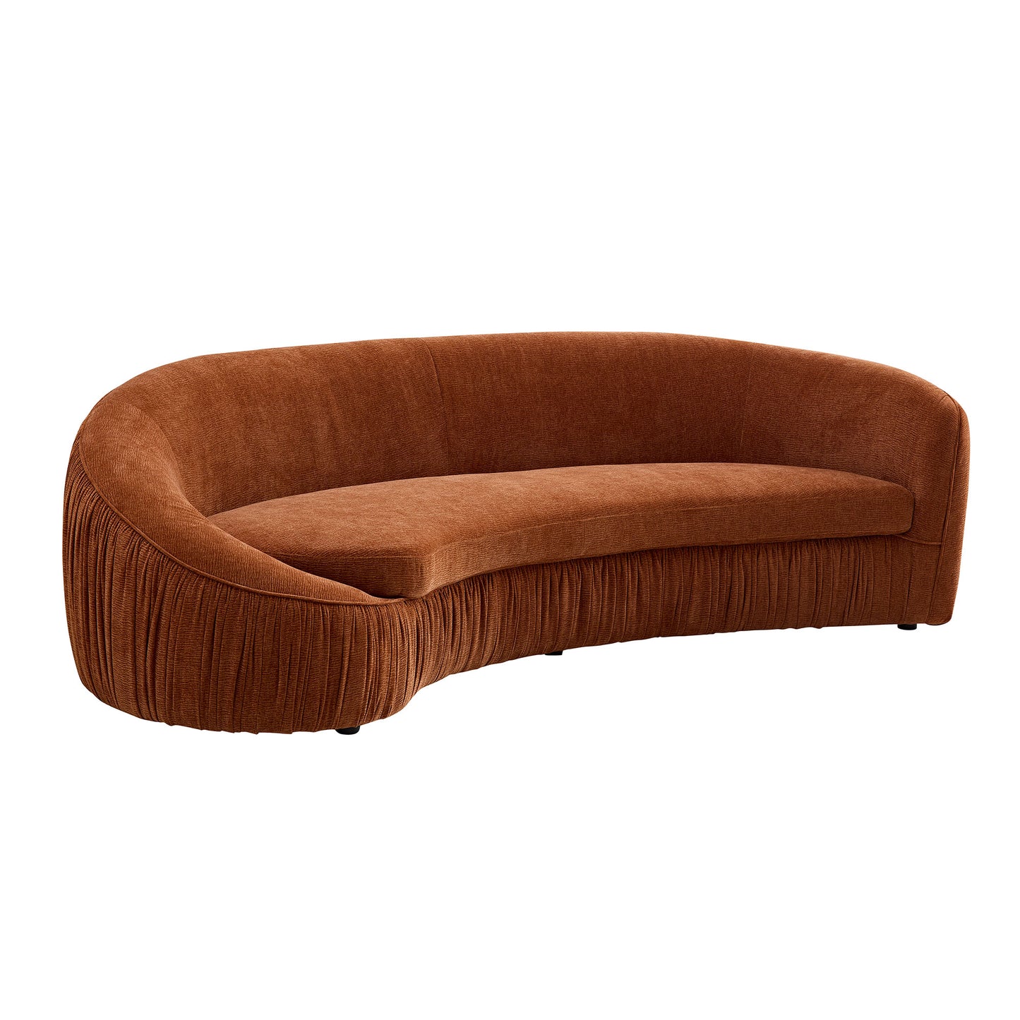 Curved burnt orange velvet sofa with pleated base modern statement piece