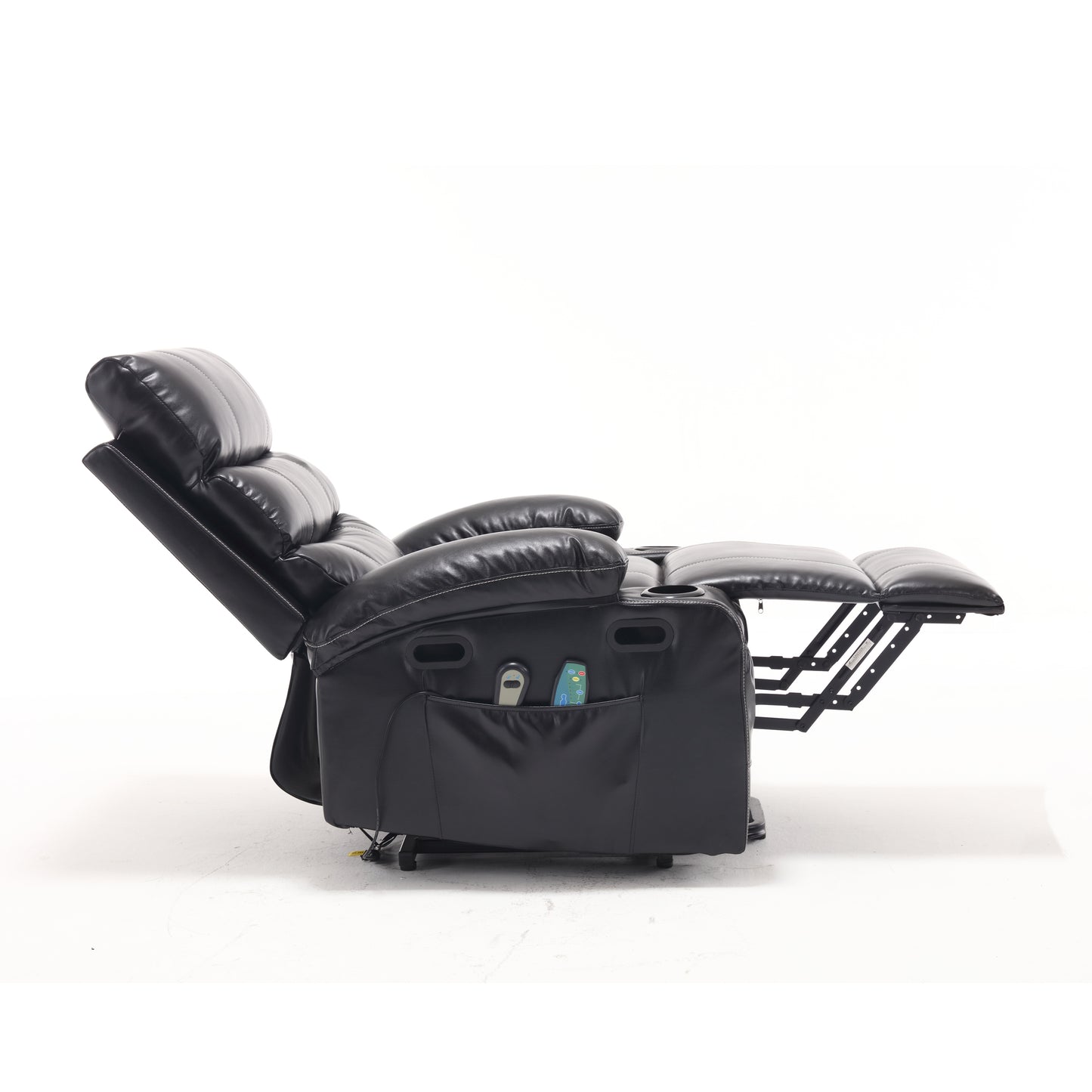 Black leather recliner chair with extended footrest and side pockets