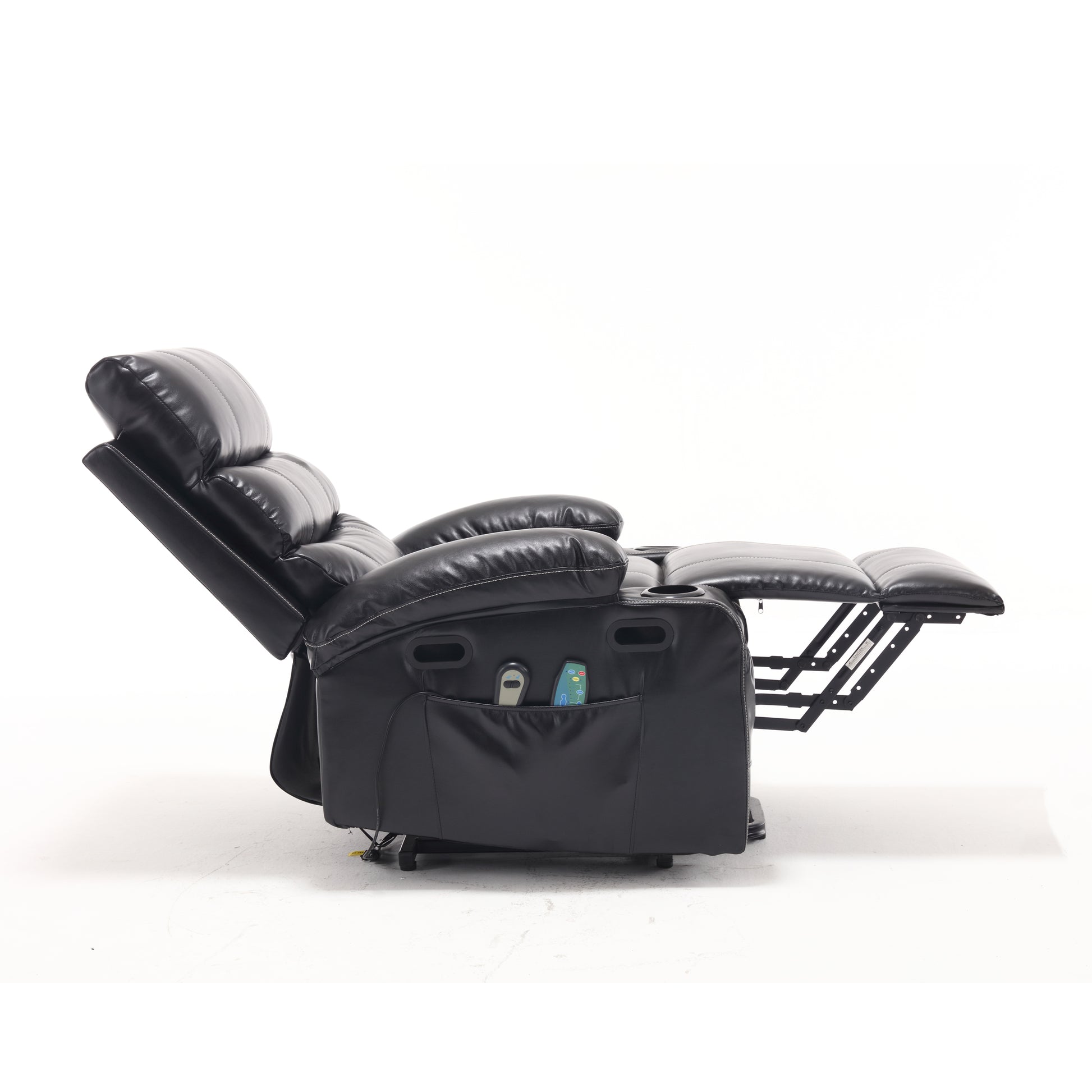 Black leather recliner chair with extended footrest and side pockets