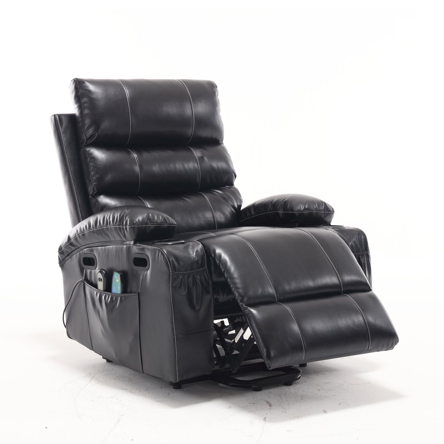 Black leather recliner chair with stitched detailing and side pocket for remotes