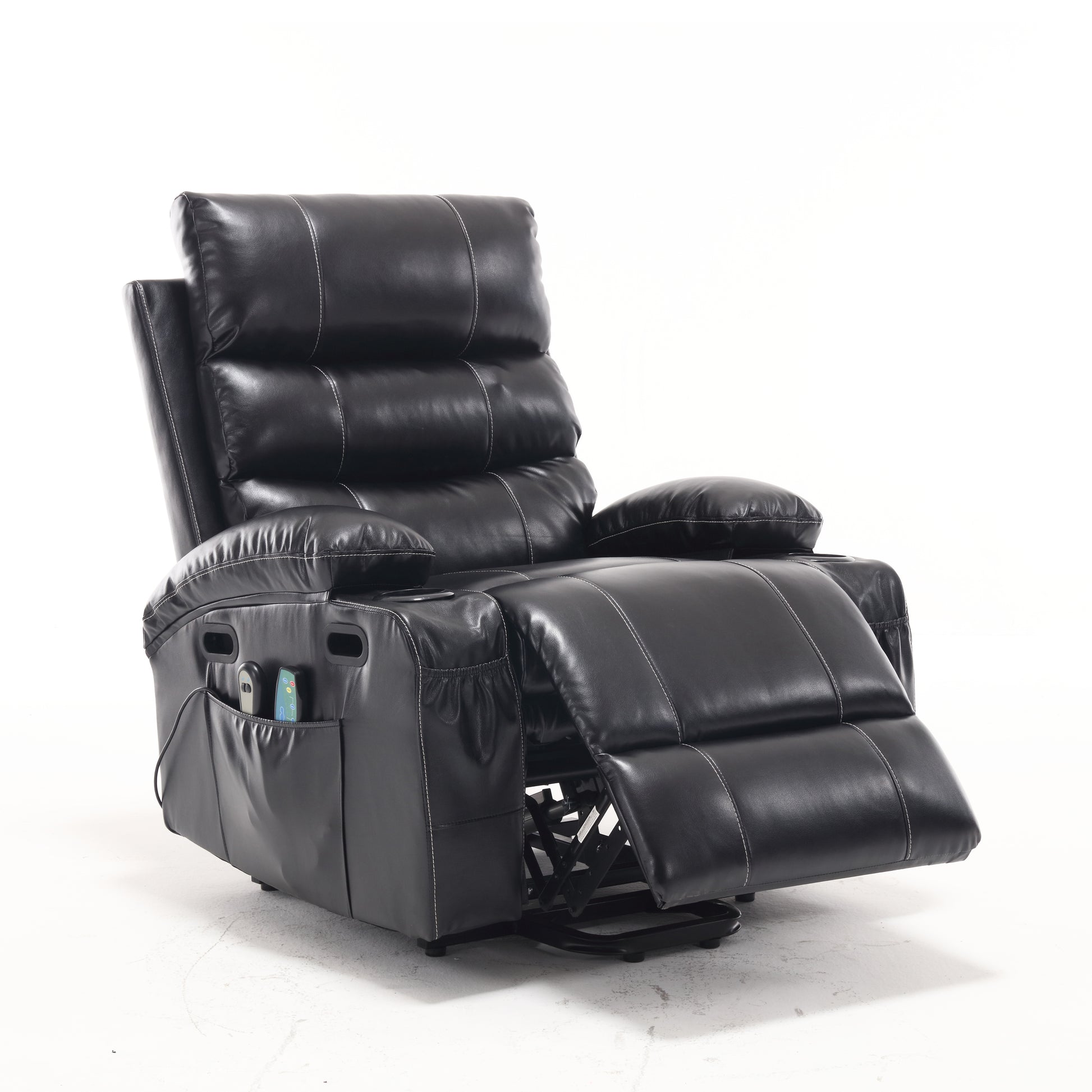 Black leather recliner chair with stitched detailing and side pocket for remotes
