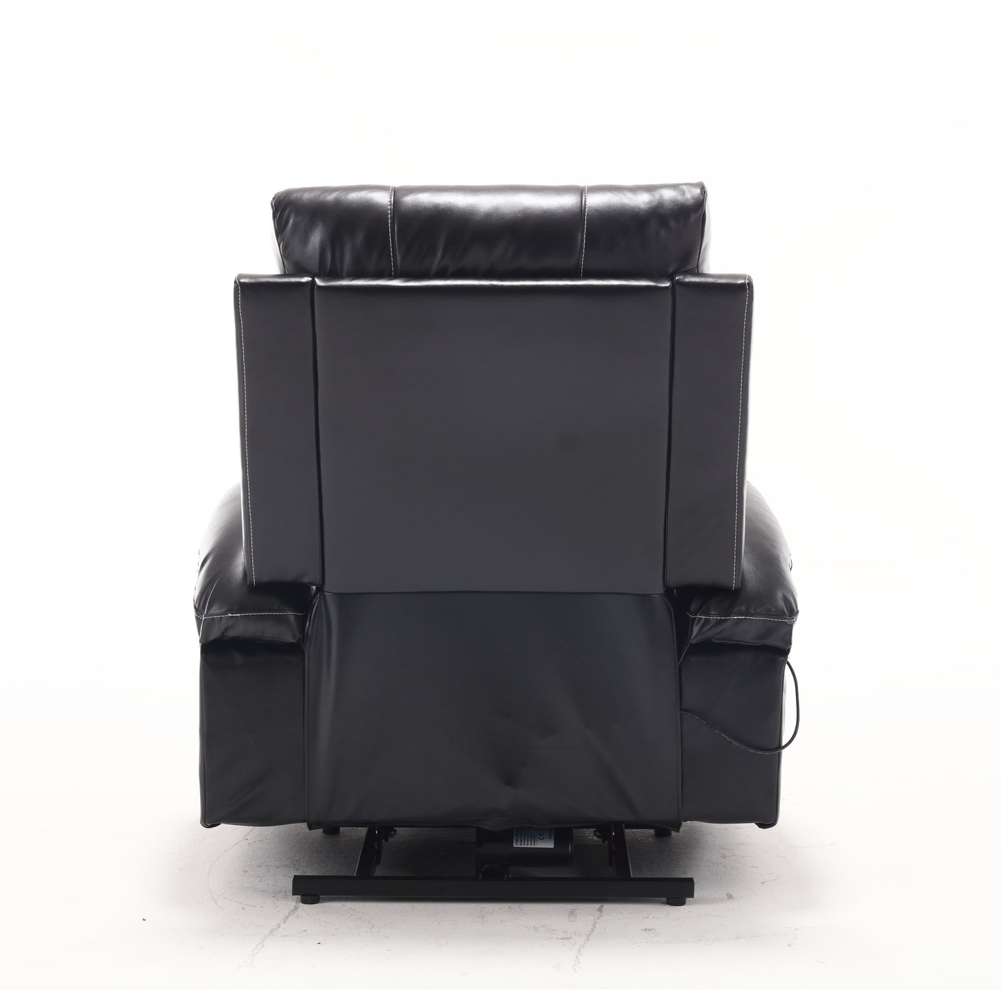 Black leather power recliner chair with white stitching shown from the back