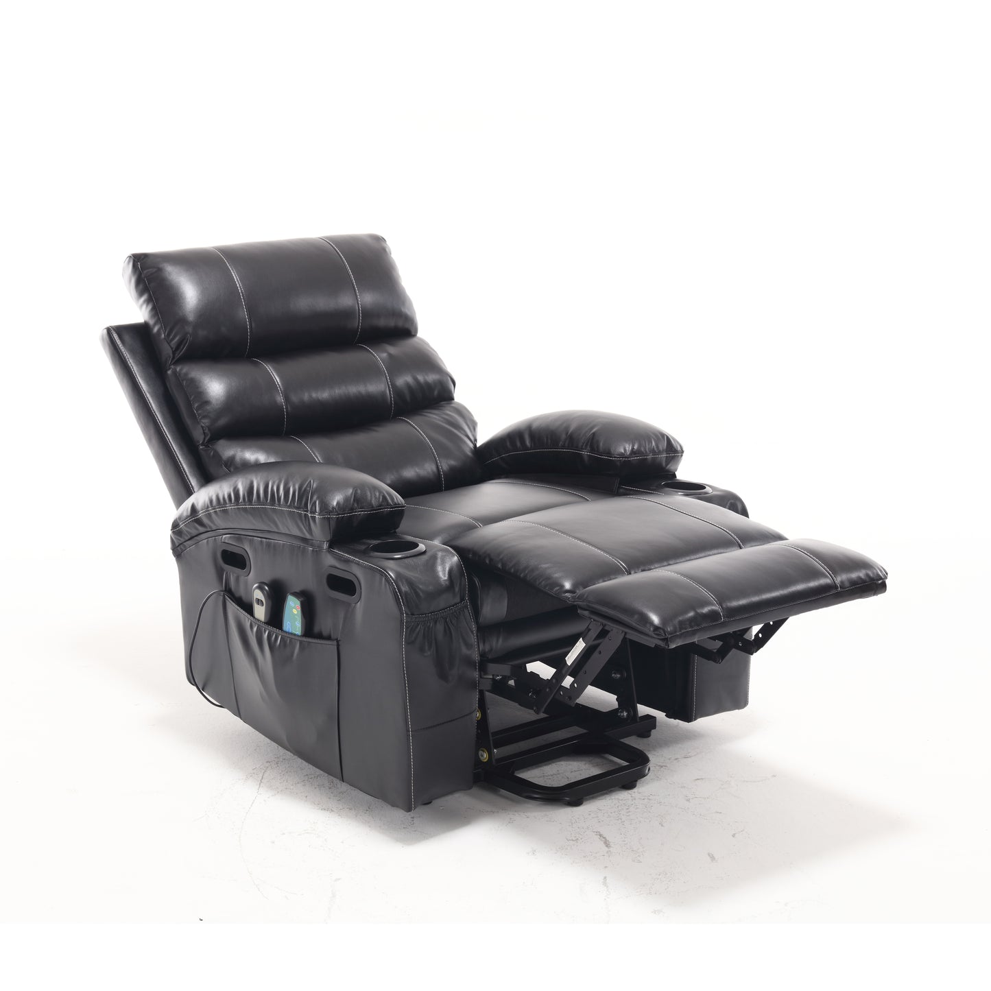 Black leather power recliner with cup holders and side pocket