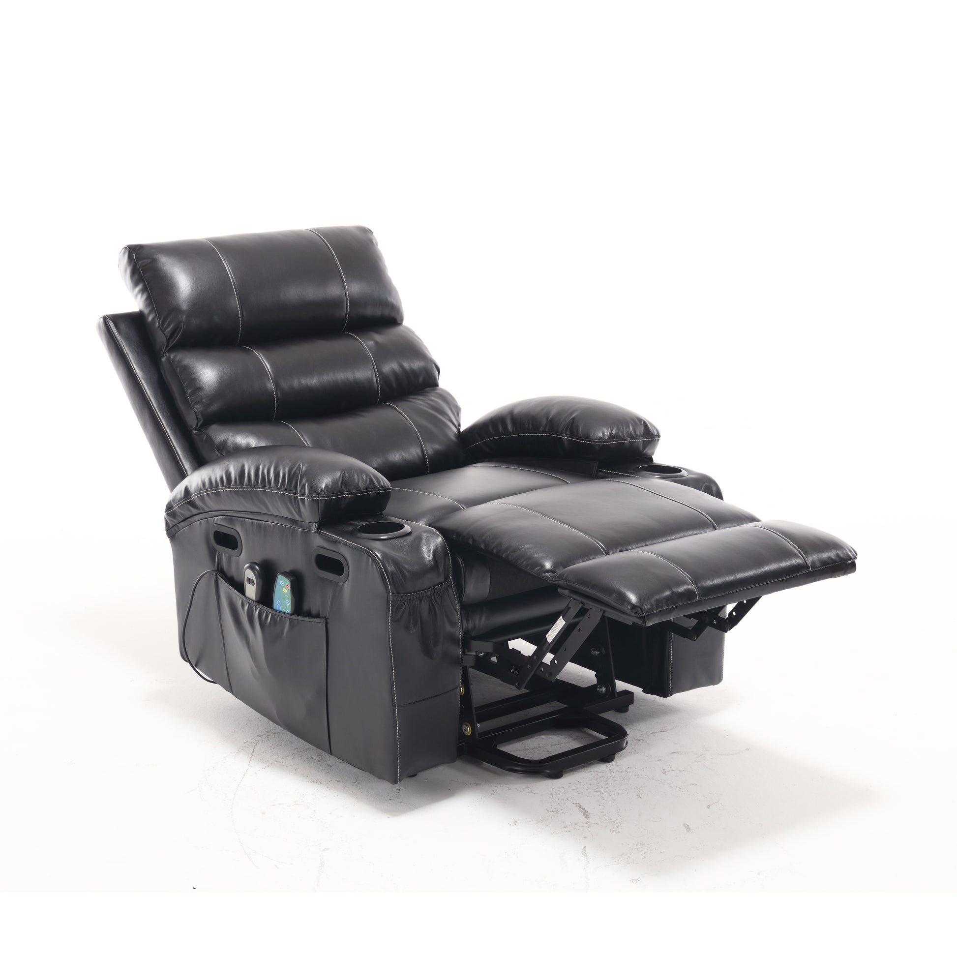 Black leather power recliner with cup holders and side pocket