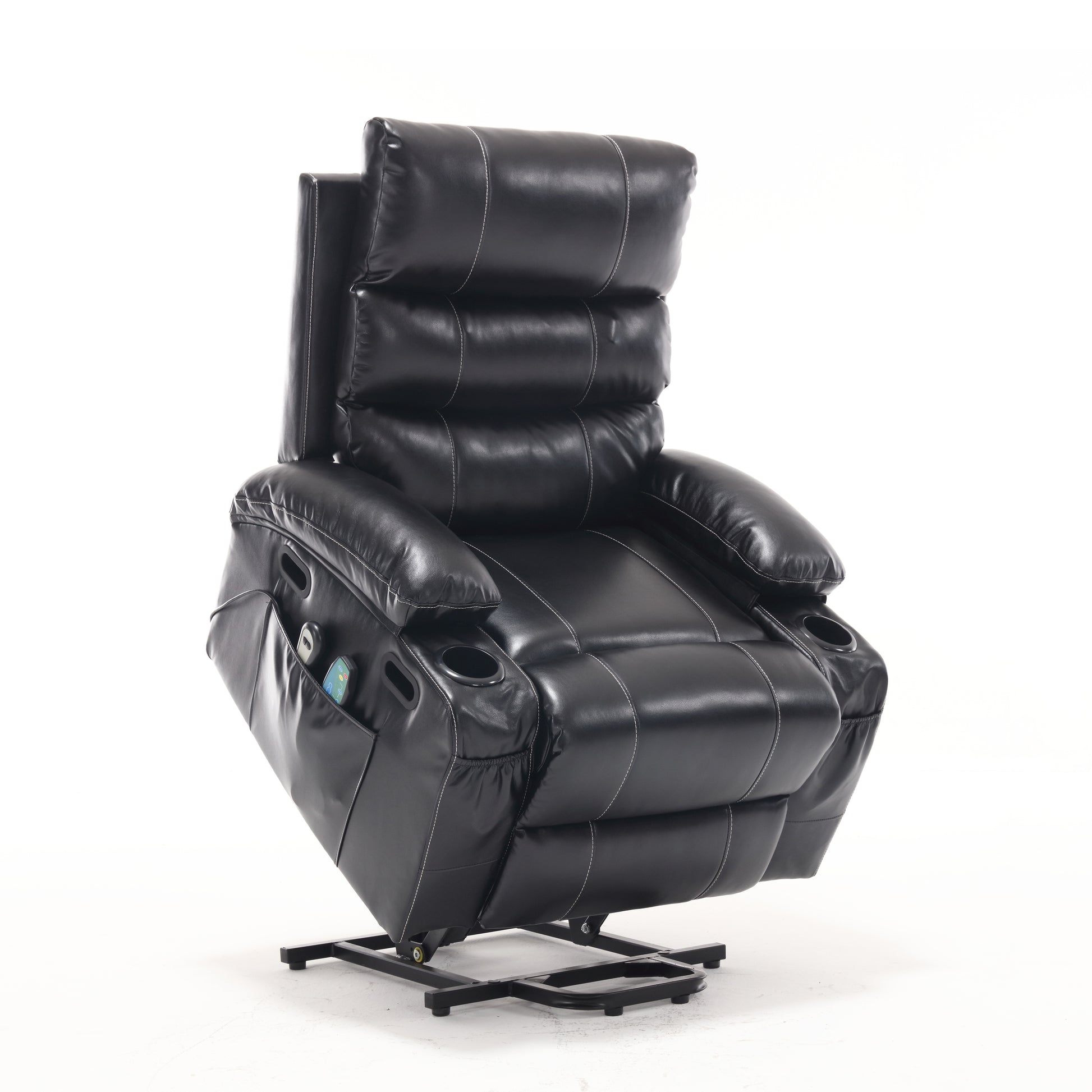 Black faux leather recliner chair with white stitching and cup holders