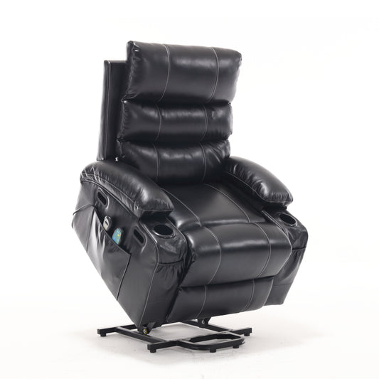 Black faux leather recliner chair with white stitching and cup holders